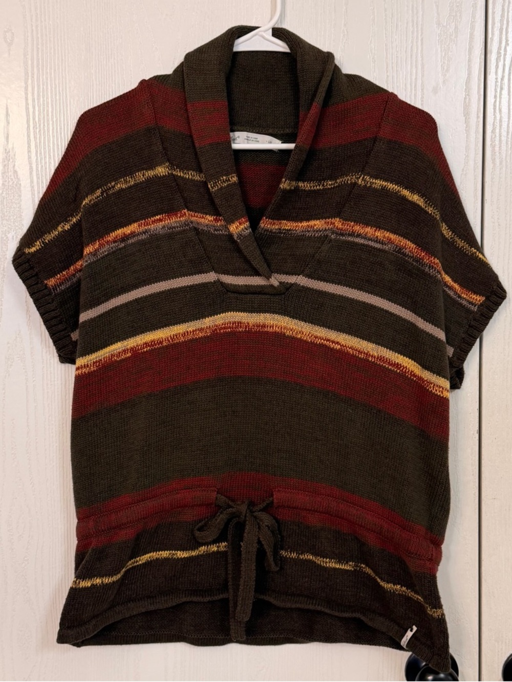 Woolrich Olive Green and Burgundy Striped Knit Short Sleeve Sweater Top